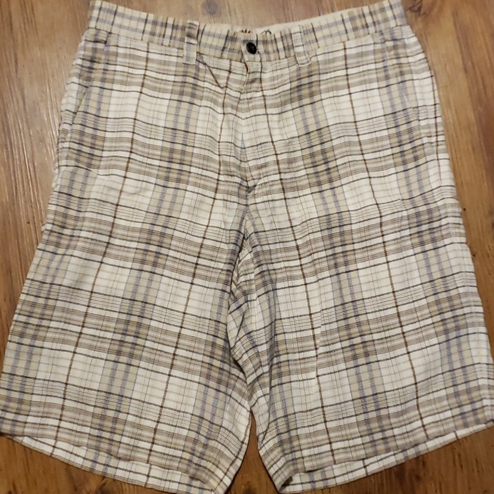 Tommy Bahama silk linen brown blue plaid shorts